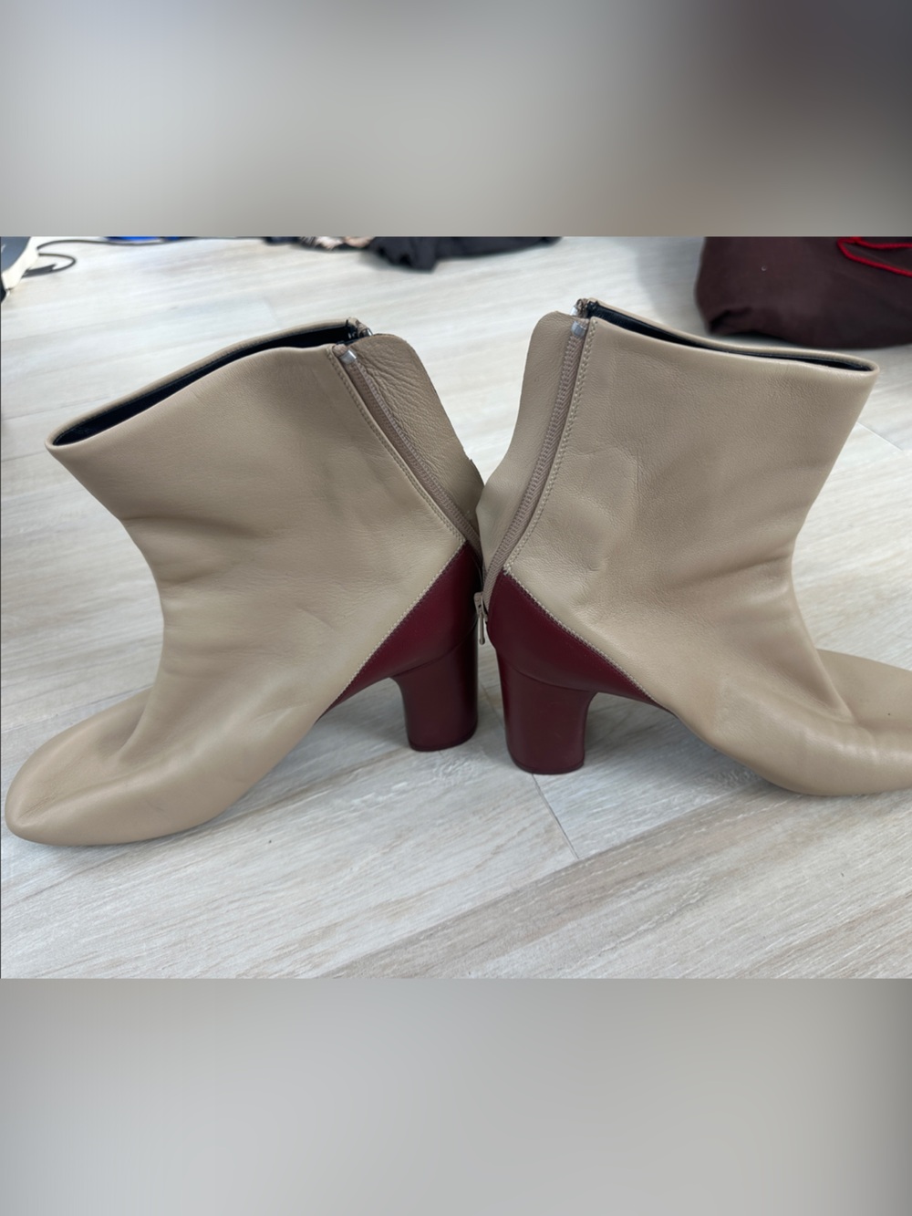 CELINE Leather Ankle Boots in Beige and Burgundy